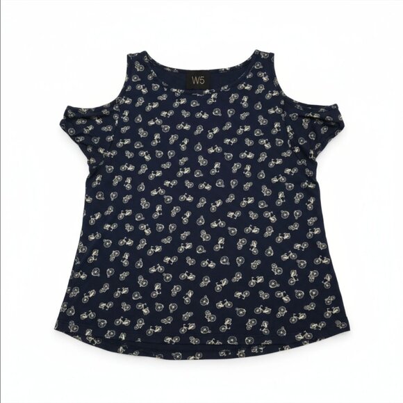 W5 ✦ Womens Navy Cold Shoulder Top S ✦ Rayon Bicycle Print Casual Pullover - Picture 6 of 11